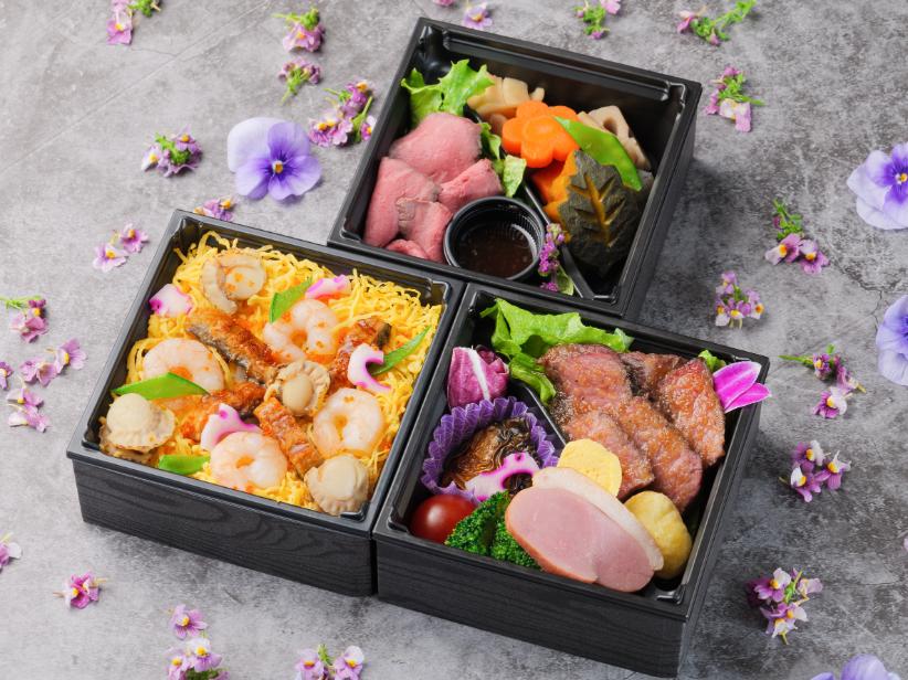 ～華～鰻と海老と帆立の三彩チラシ飯と国産黒毛牛ステーキの三段御膳