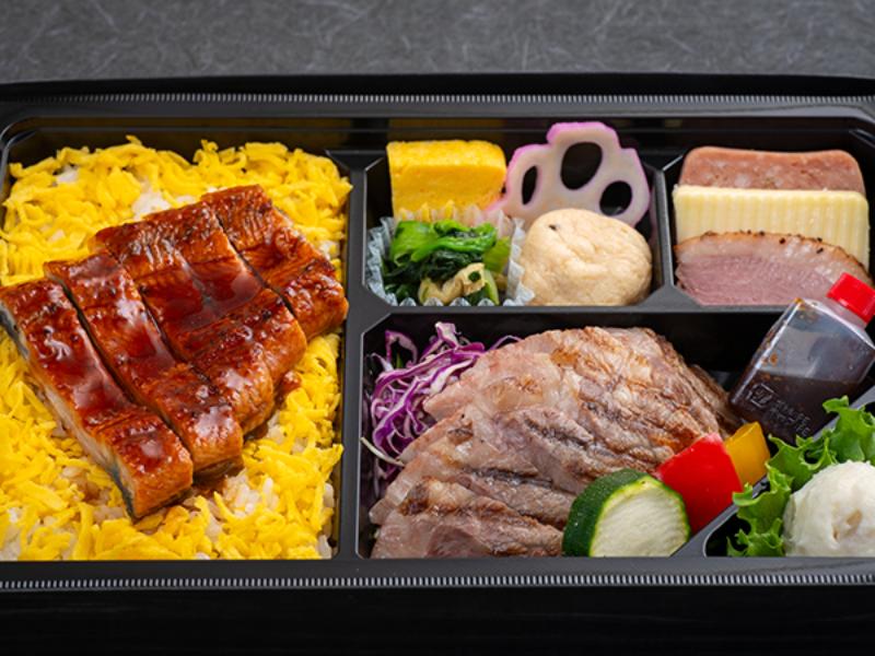 特選牛のグリルステーキと鰻飯弁当（白ご飯）