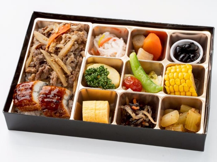 【シャインブラック紙箱】黒毛和牛の牛ごぼう重とうなぎ　彩り膳