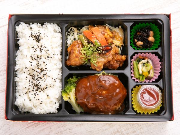 自家製きのこ煮込みハンバーグ×揚げ鶏の甘酢あん弁当