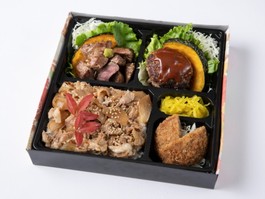 サイコロステーキ・デミグラスハンバーグ・メンチカツの焼肉カルビ重
