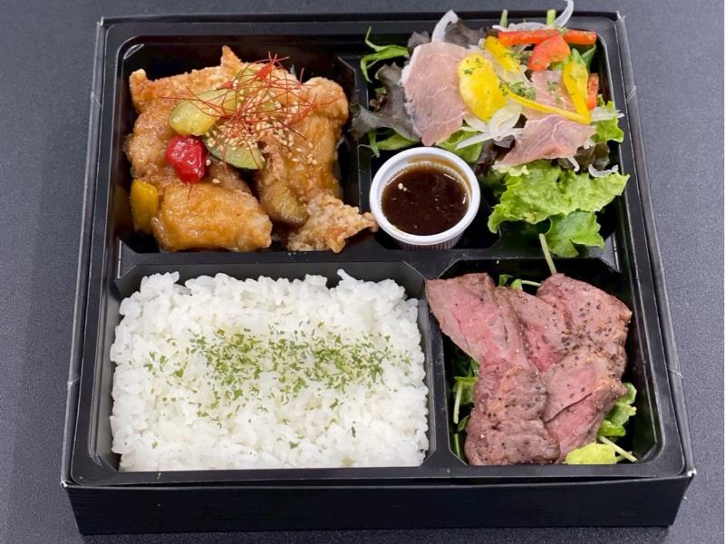 牛サガリステーキ＆生ハムサラダ＆油淋鶏お弁当