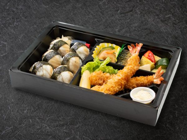 やわらか煮穴子の手毬寿司とエビフライ弁当