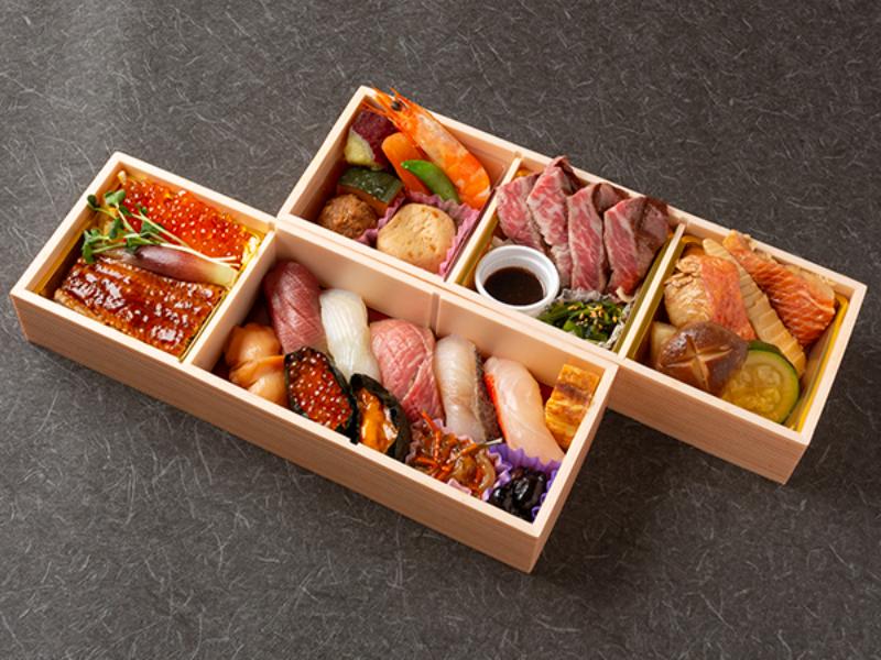 和牛ステーキ＆金目鯛煮つけ・特上８貫にぎり＆うなぎイクラ飯二段膳