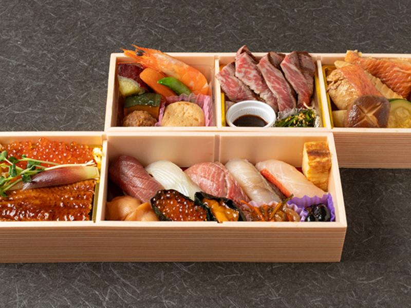 和牛ステーキ＆金目鯛煮つけ・特上８貫にぎり＆うなぎイクラ飯二段膳