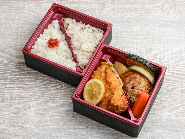 豆腐入り手ごねハンバーグと三元豚ロースカツの二段弁当