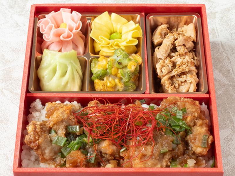 よだれ鶏と棒棒鶏の彩り焼売弁当