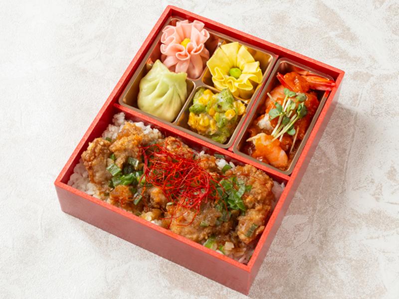 よだれ鶏と海老チリの彩り焼売弁当