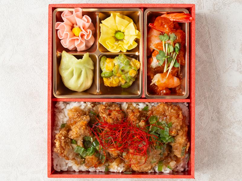 よだれ鶏と海老チリの彩り焼売弁当