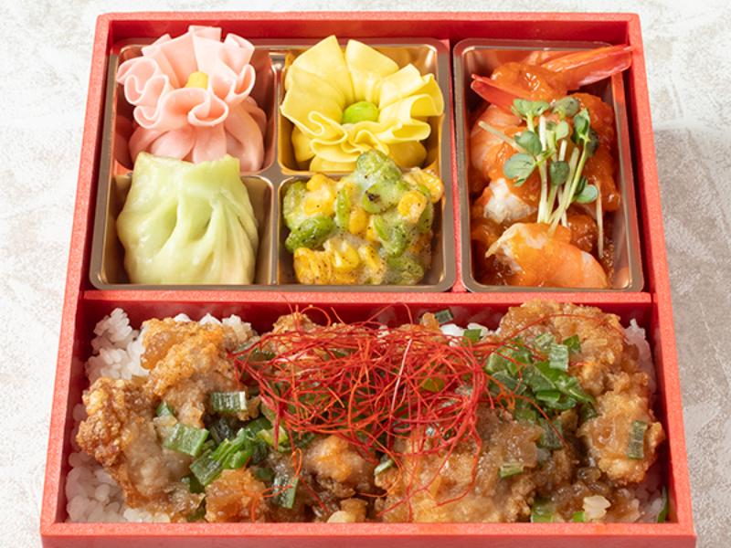 よだれ鶏と海老チリの彩り焼売弁当