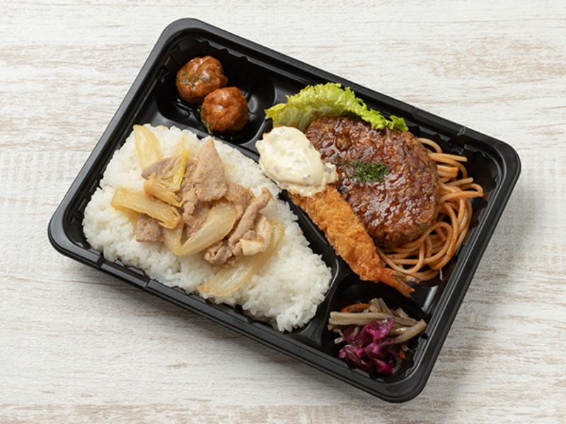 海老フライ＆ハンバーグと豚生姜焼きのせご飯弁当