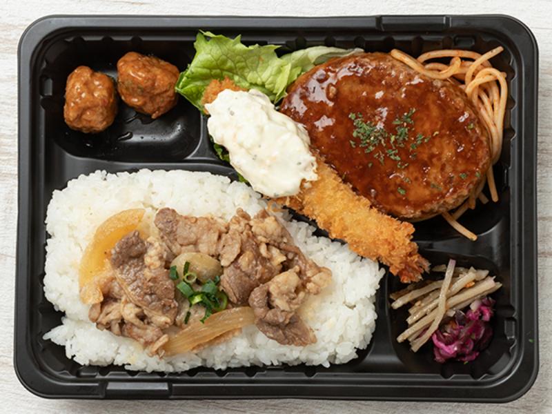 【牛焼肉のせ】海老フライ＆ハンバーグ弁当