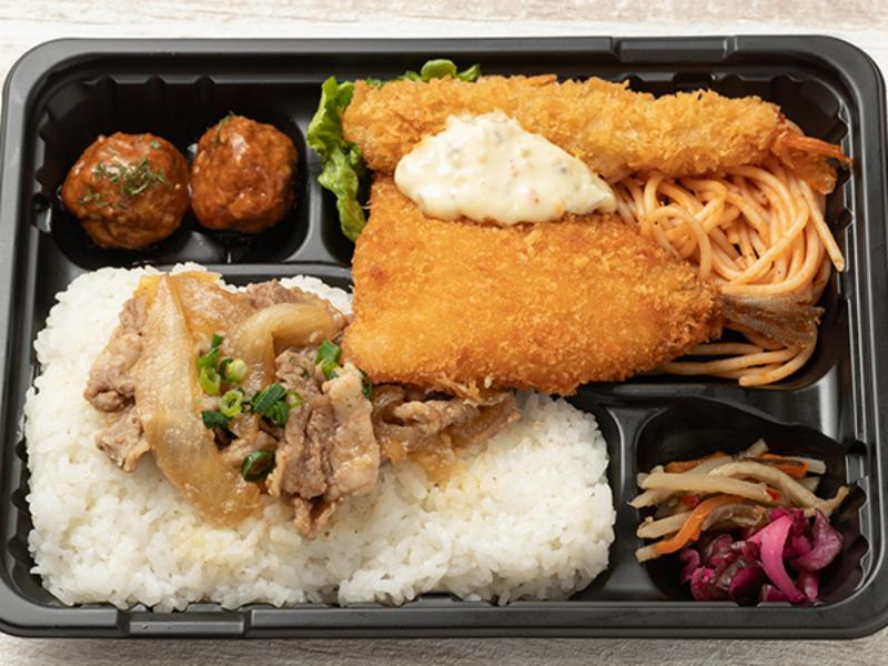 【牛焼肉のせ】海老フライ＆アジフライ弁当